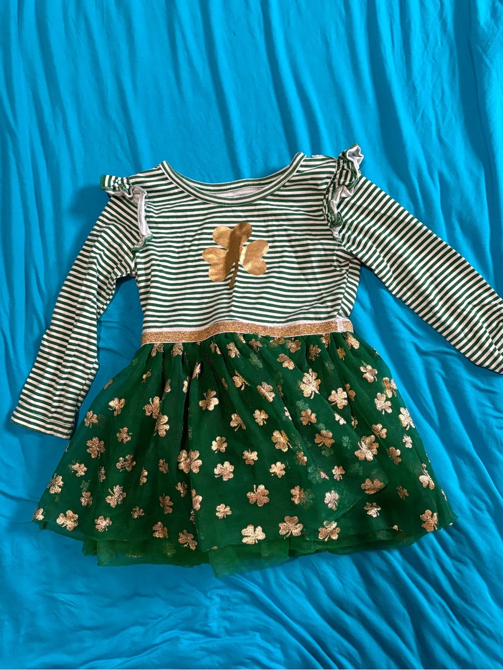 Green & White Striped Shamrock Tulle Dress with Gold Accents